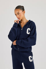 Hooded Zip Through Knitted Jumper - Navy