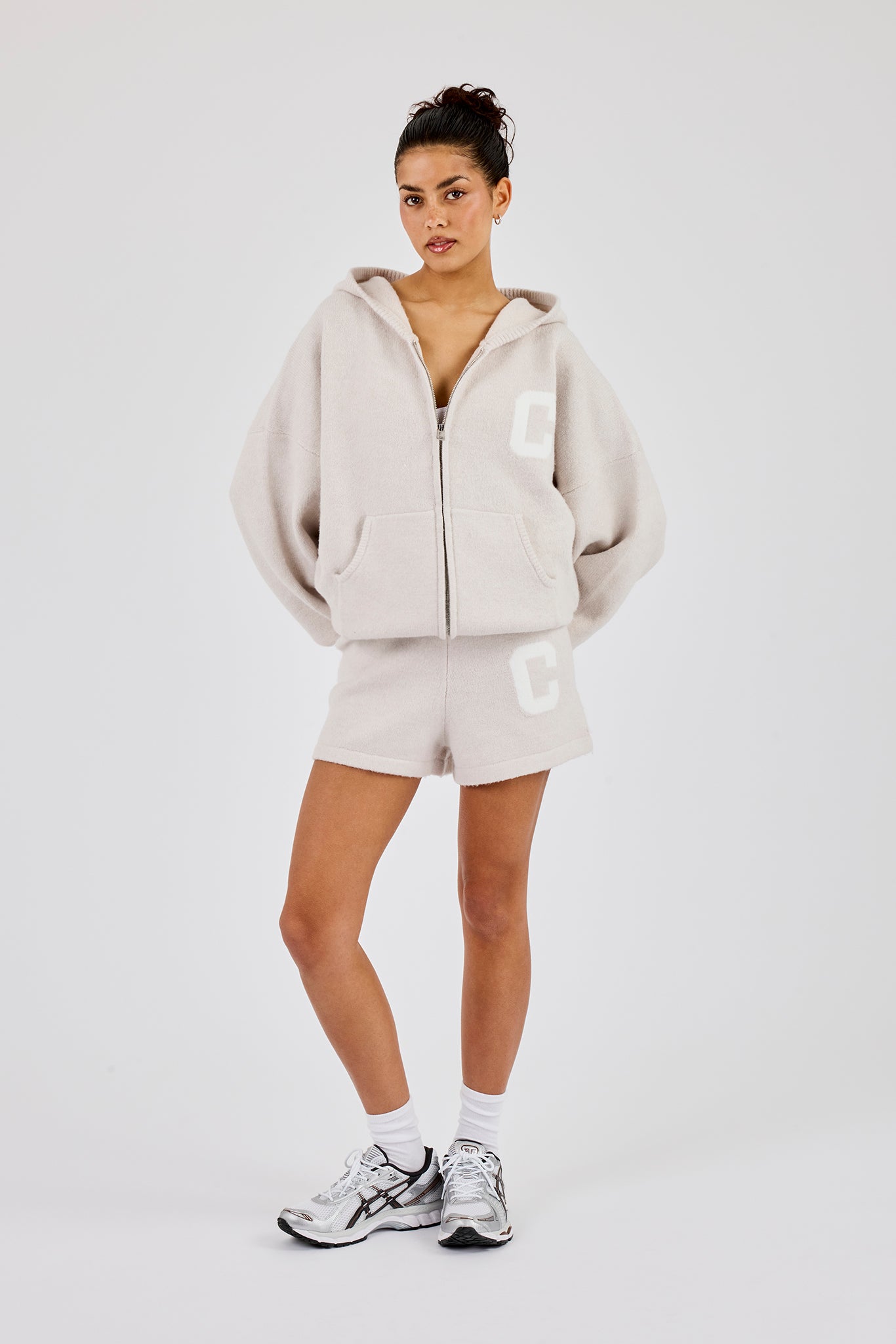 Hooded Zip Through Knitted Hoodie & Short - Oatmeal | Womens Sets