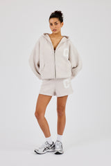 Kapuzenpullover mit Reißverschluss und Shorts – Haferflockenfarben