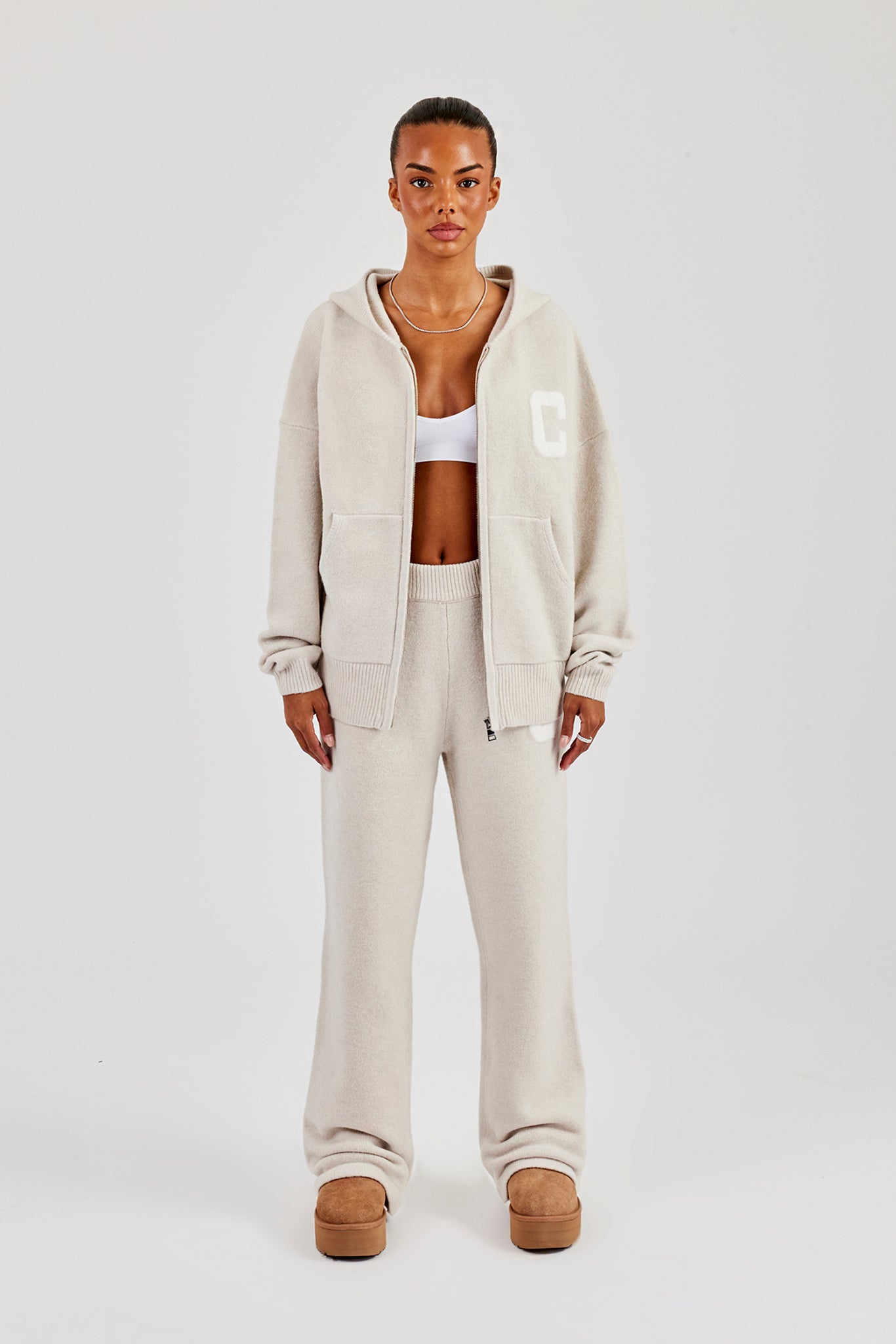 Hooded Zip Through Knitted Tracksuit - Oatmeal