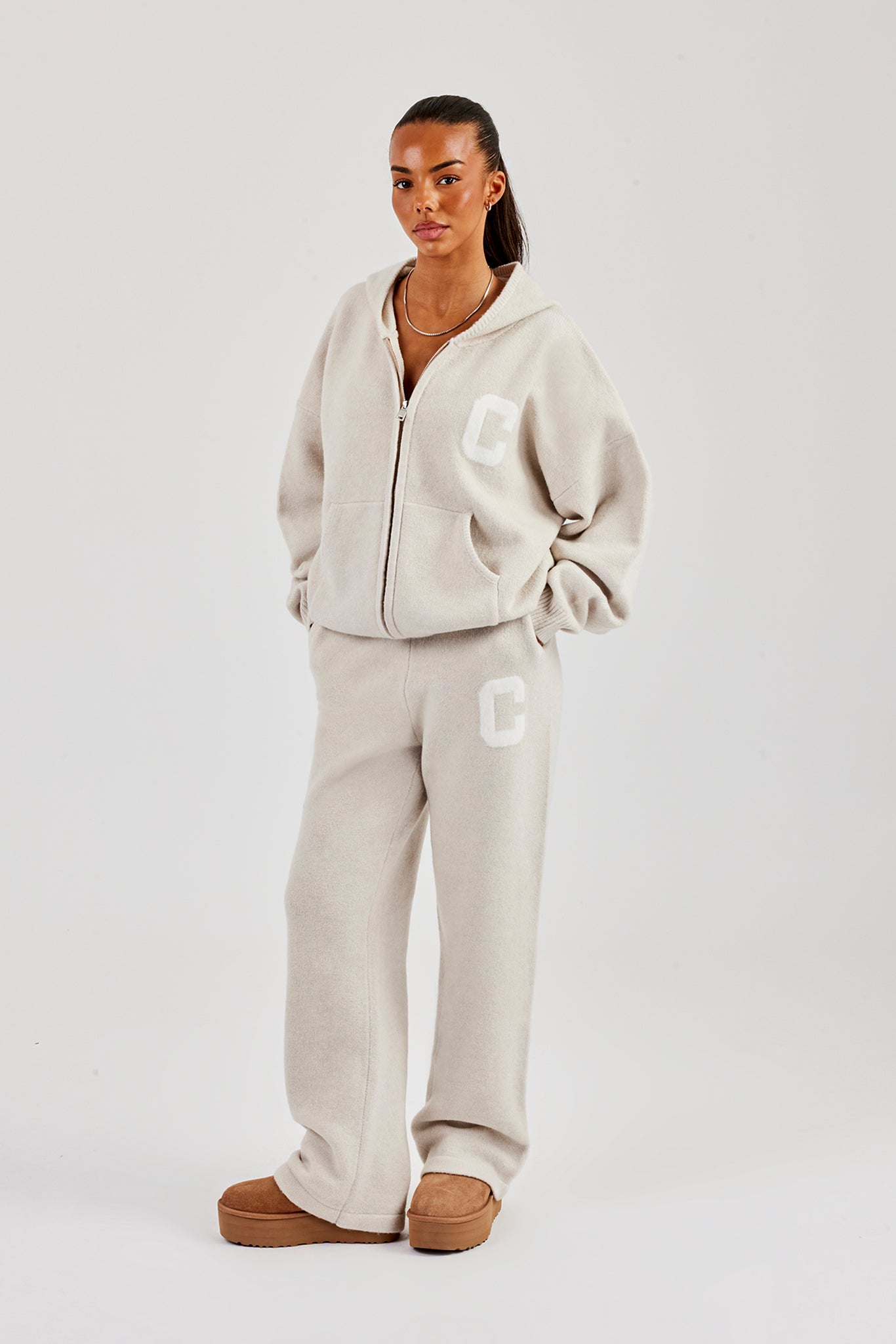 Hooded Zip Through Knitted Tracksuit - Oatmeal