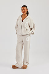 Hooded Zip Through Knitted Tracksuit - Oatmeal