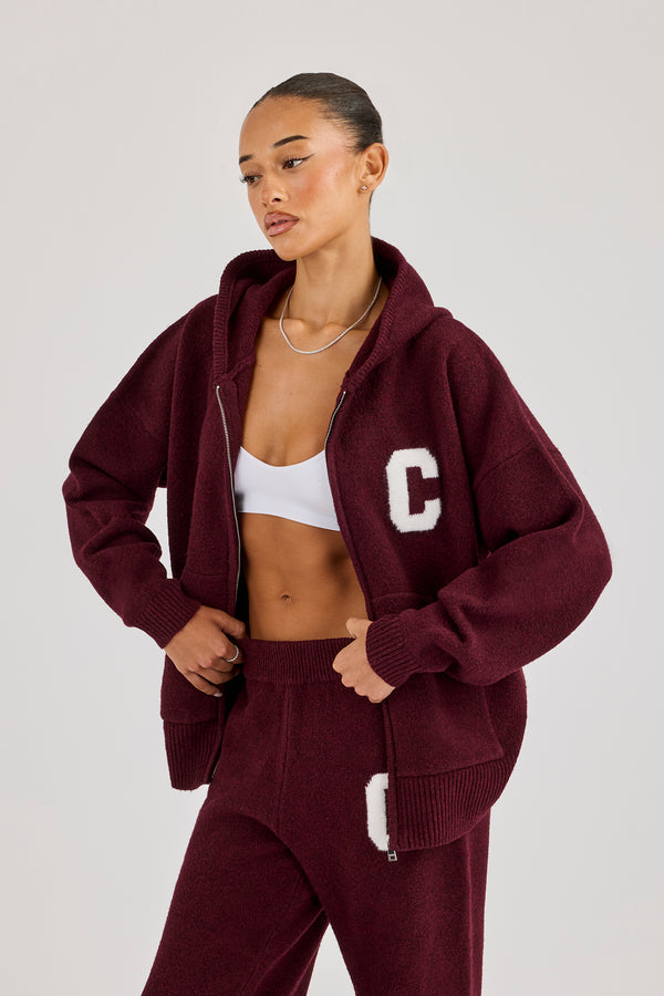 Hooded Zip Through Knitted Jumper - Burgundy