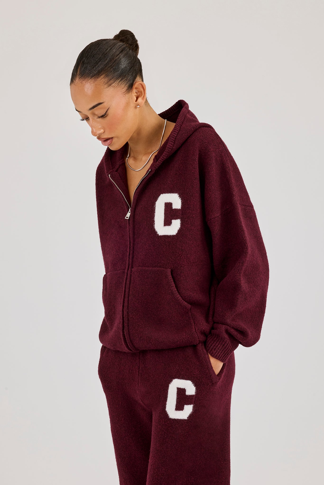 Hooded Zip Through Knitted Jumper - Burgundy