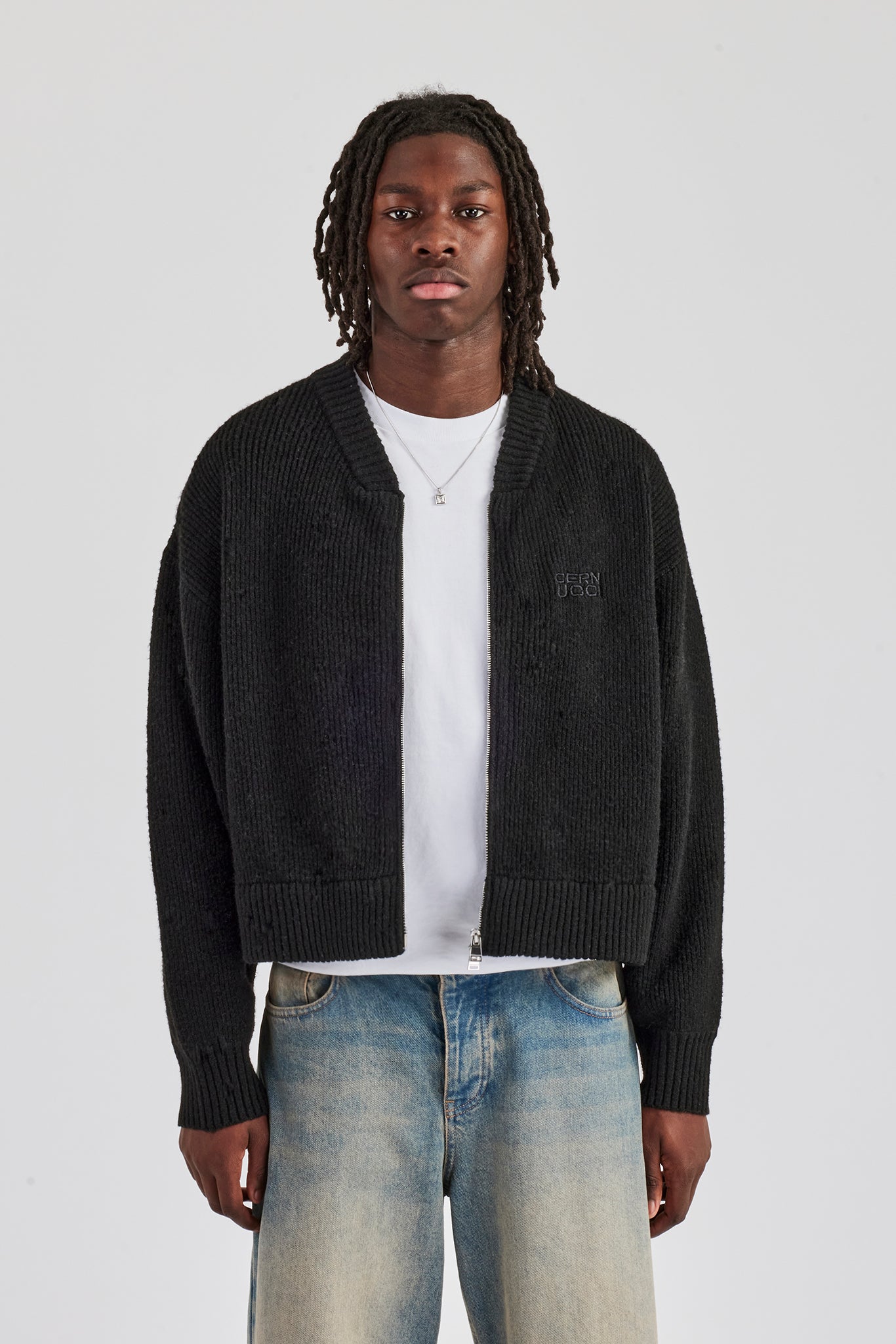 Cropped Boxy Knitted Bomber - Black | Mens Knitwear | Shop