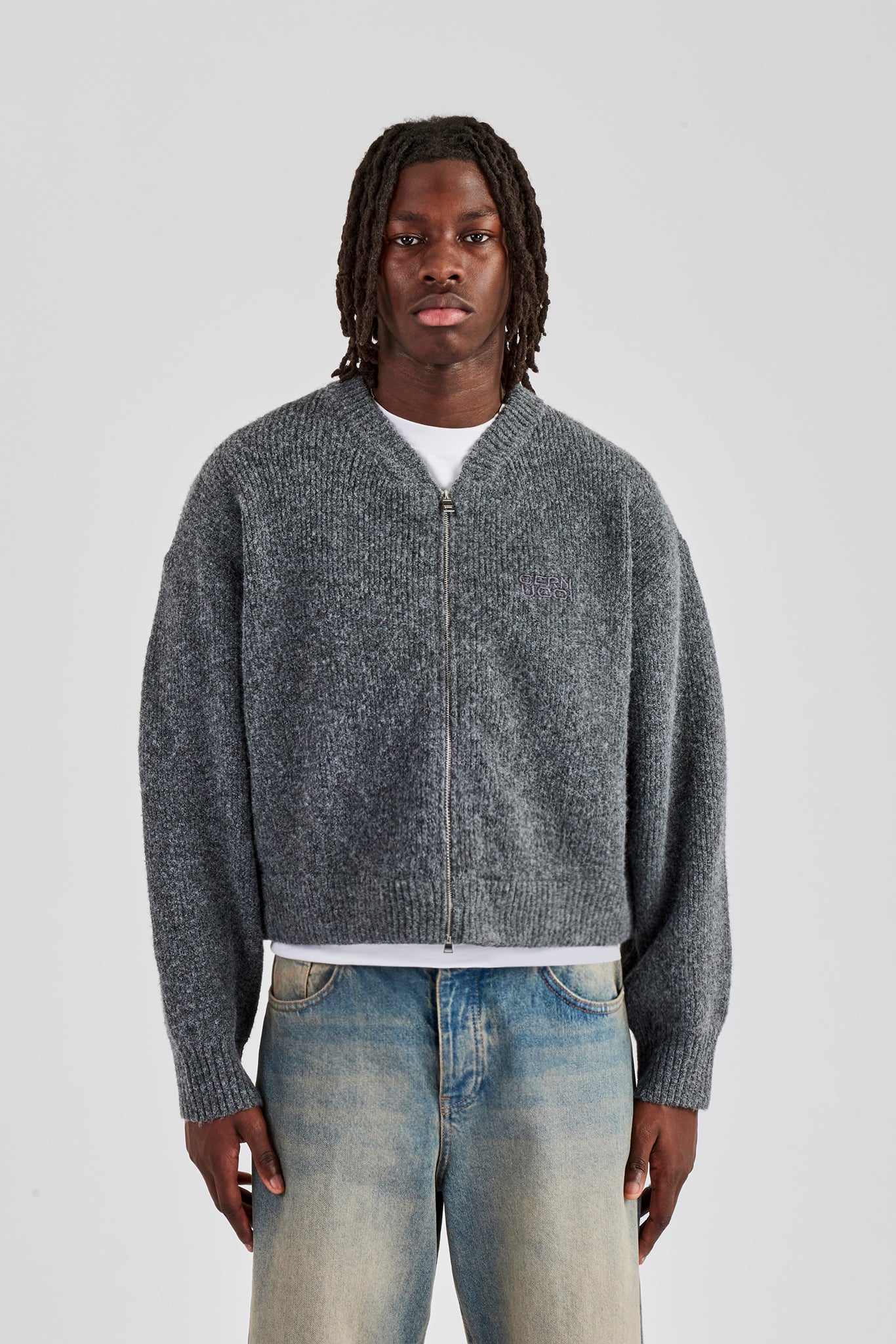 chico　Bonum EMBROIDARY KNIT JK Cropped Boxy Knitted Bomber - Charcoal | Mens Knitwear | Shop