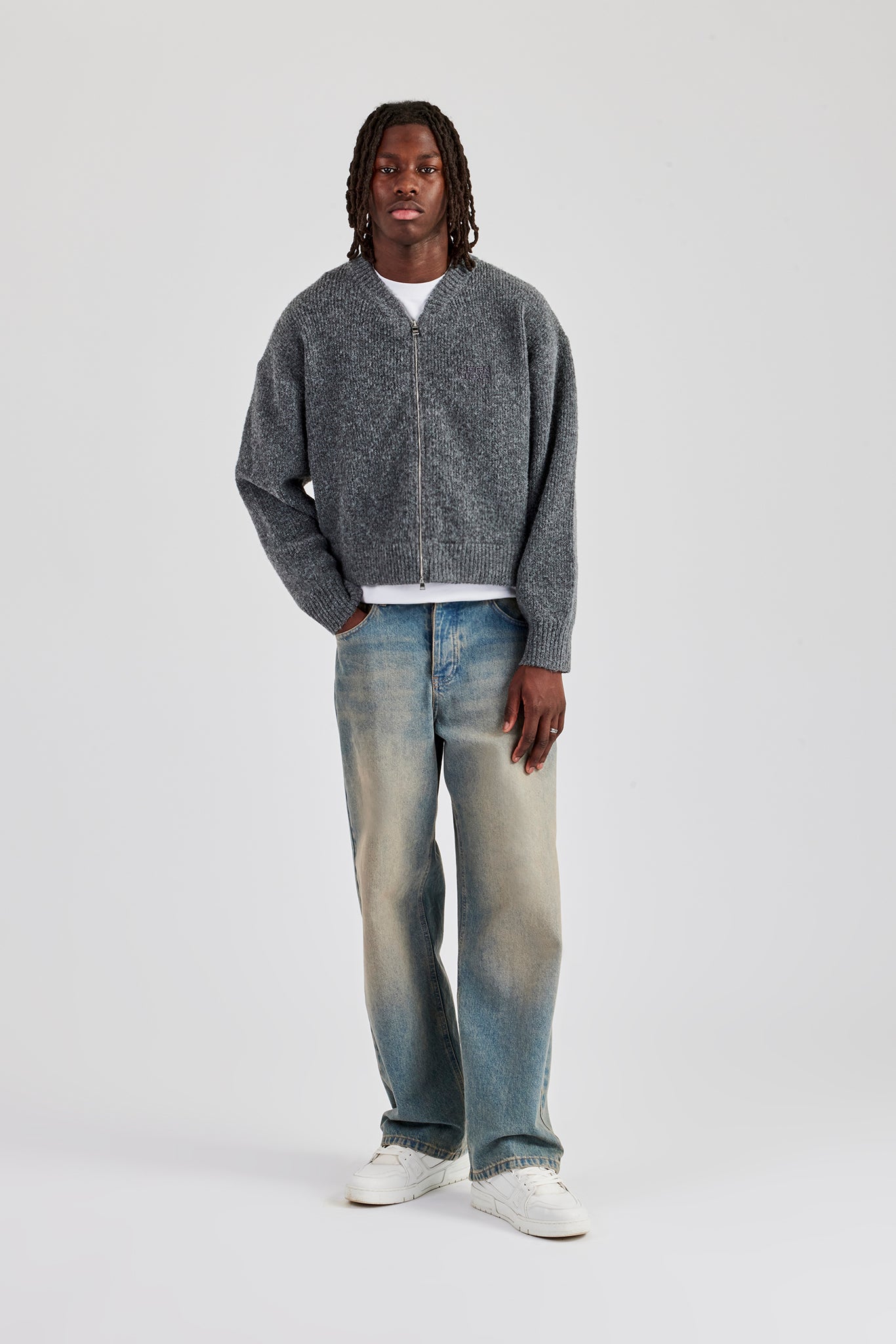 Cropped Boxy Knitted Bomber - Charcoal | Mens Knitwear | Shop