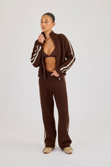 Open Knit Funnel Neck Jacket & Wide Leg Jogger With Tape Detailing - Dark Brown