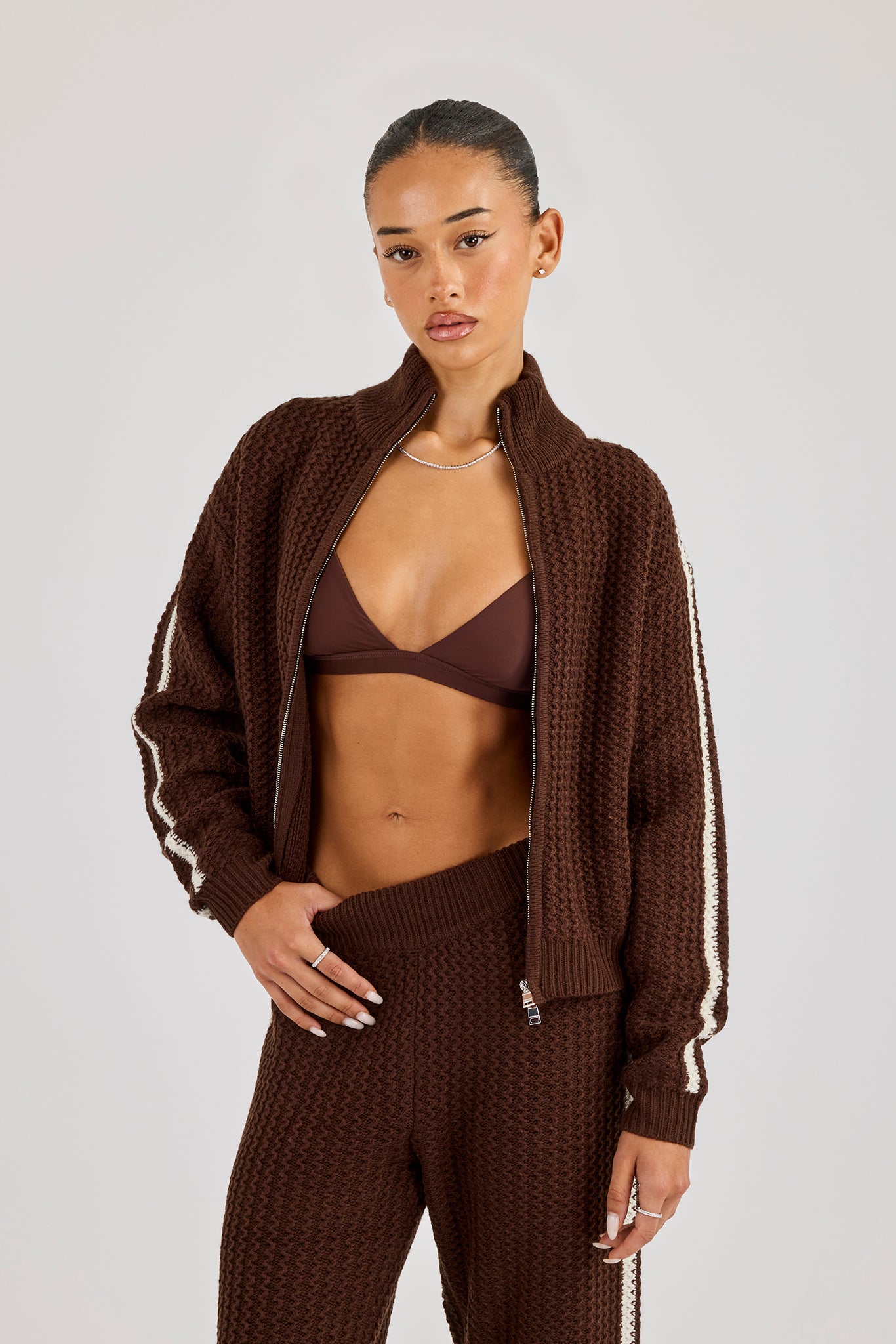 Open Knit Funnel Neck Jacket With Tape Detailing - Dark Brown