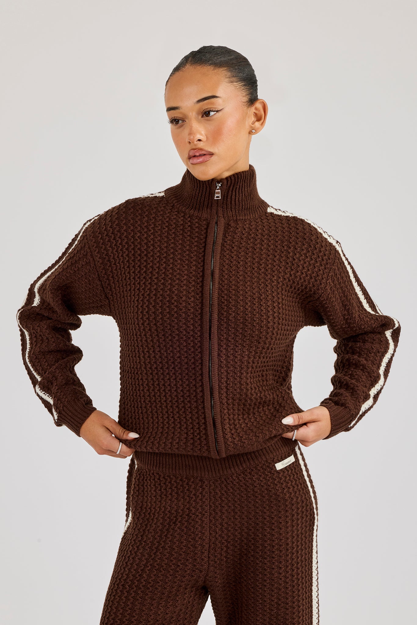Open Knit Funnel Neck Jacket With Tape Detailing - Dark Brown