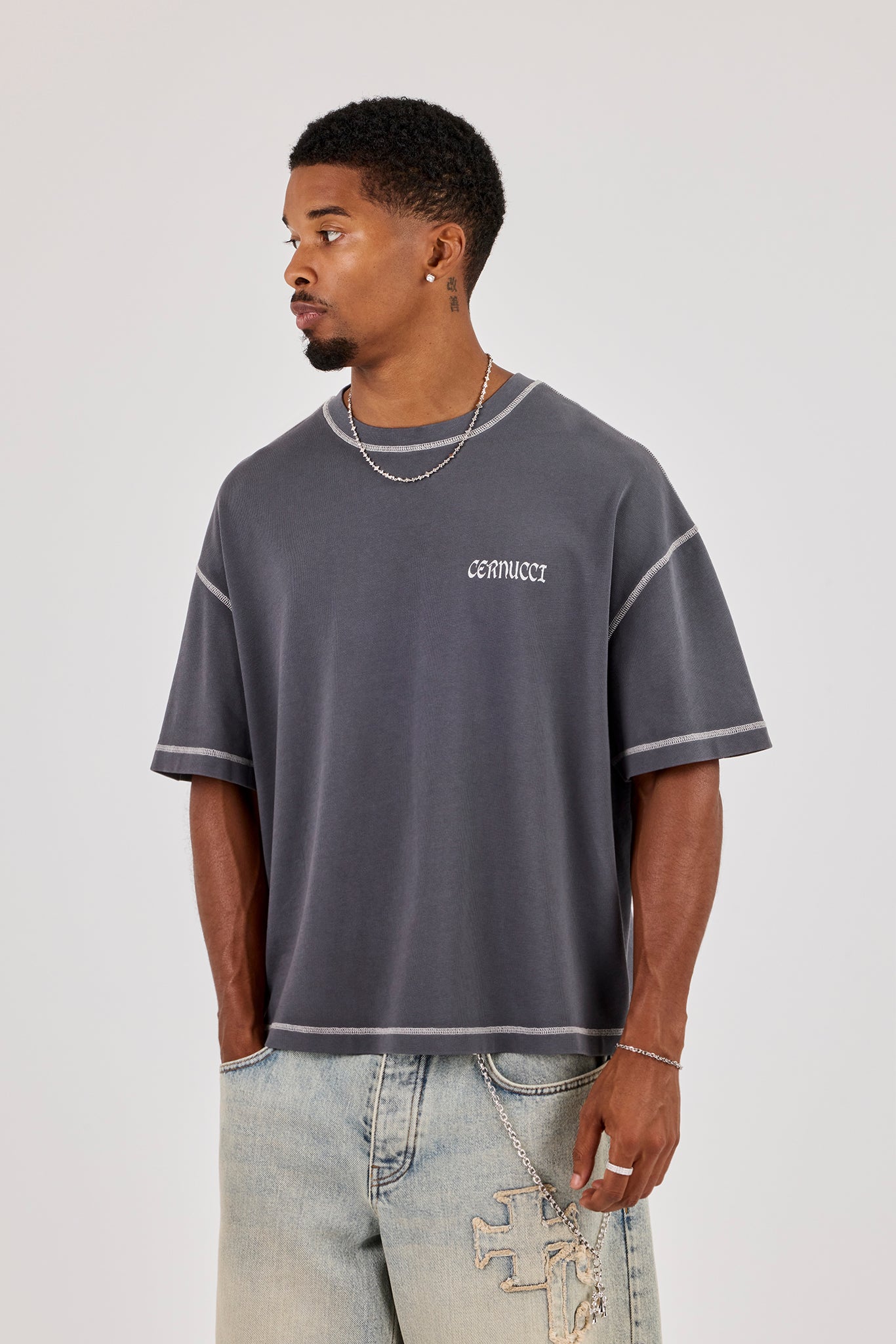 Boxy Contrast Stitch Surf Cabana T-Shirt - Dark Grey