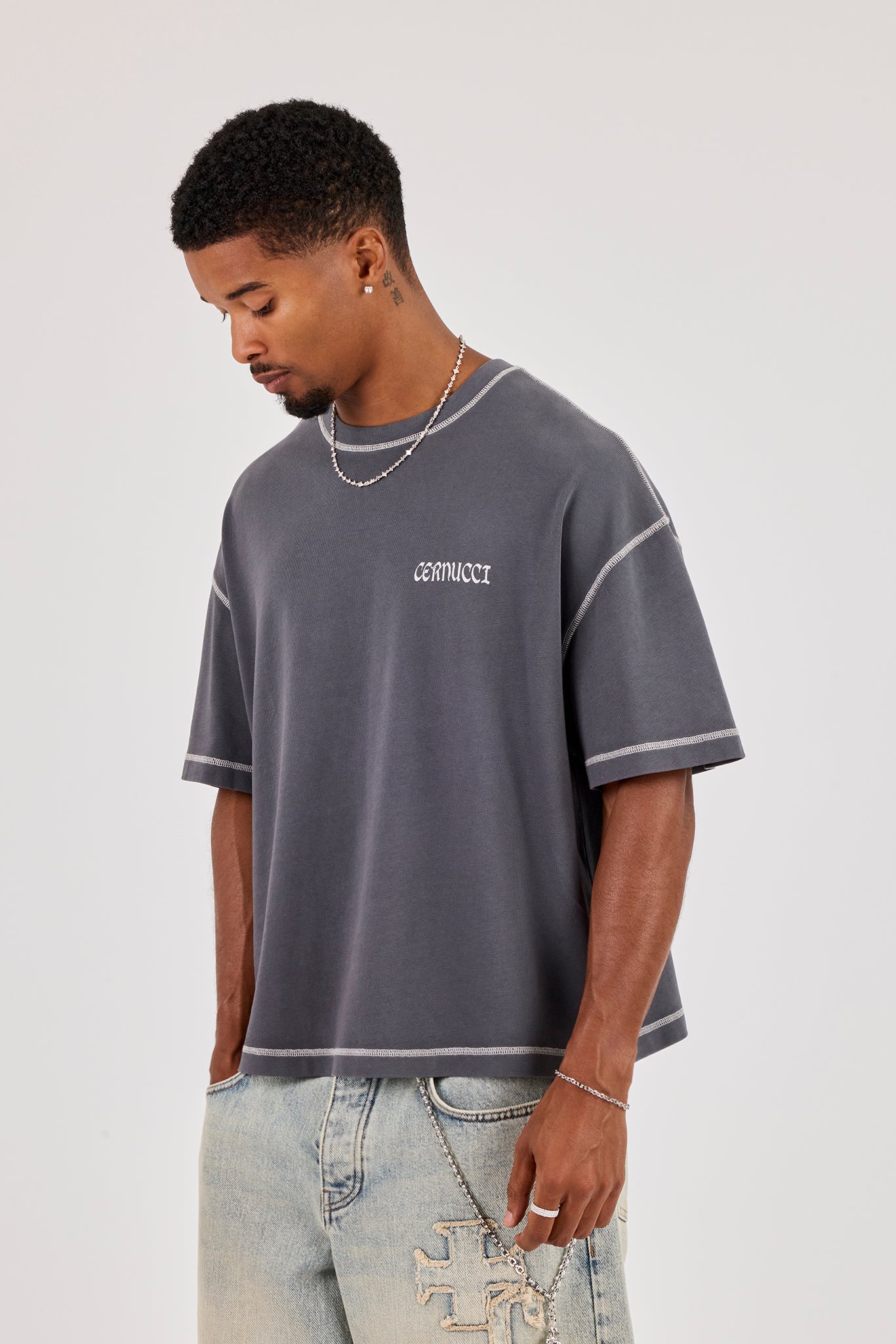 Boxy Contrast Stitch Surf Cabana T-Shirt - Dark Grey