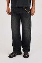 Mens Relaxed Jean & 10mm Cernucci Motif Jean Chain - Washed Black