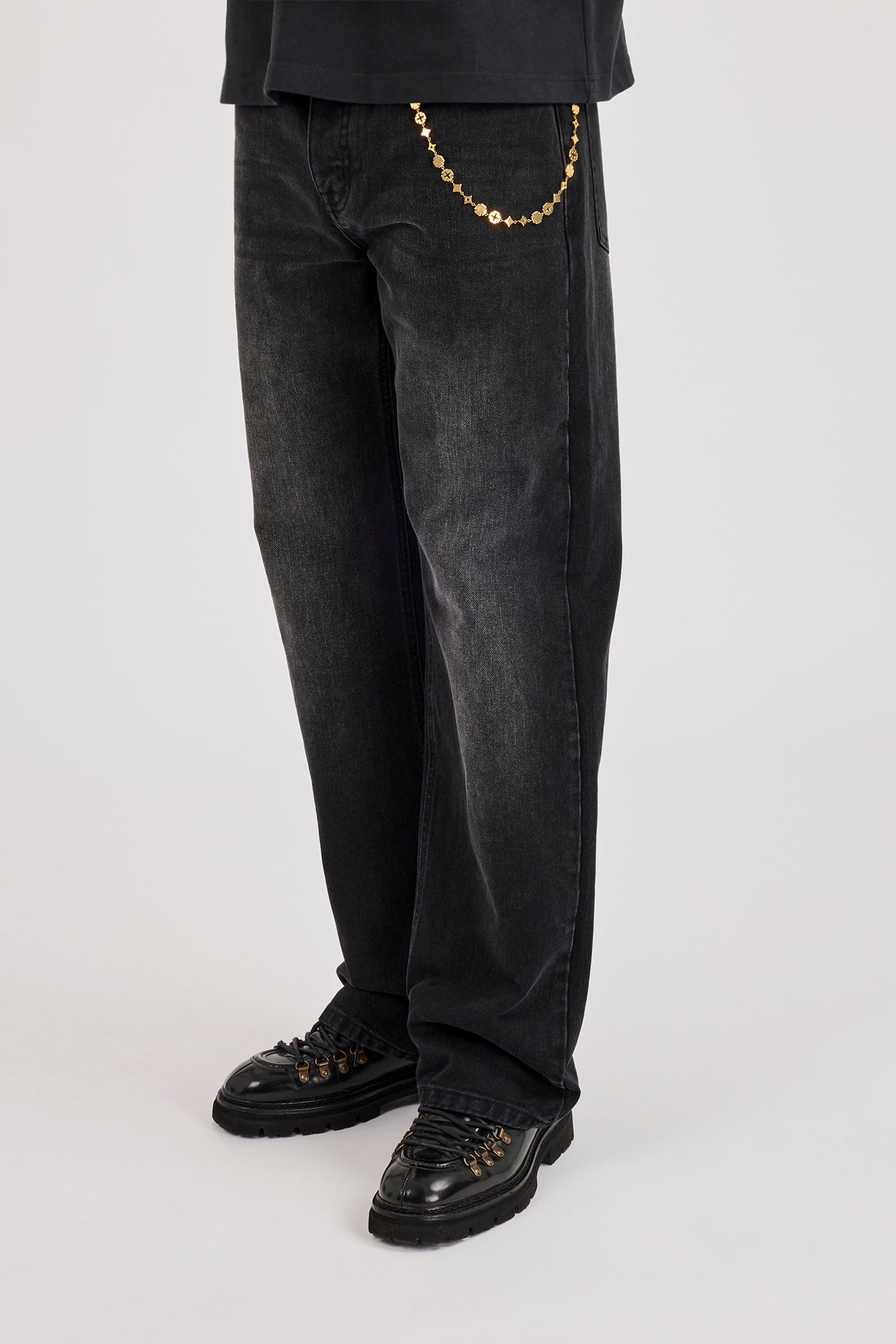 Mens Relaxed Jean & 10mm Cernucci Motif Jean Chain - Washed Black