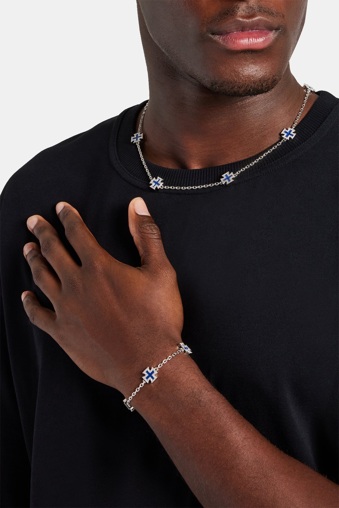 Blue Enamel Cross Motif Chain & Bracelet - 12mm