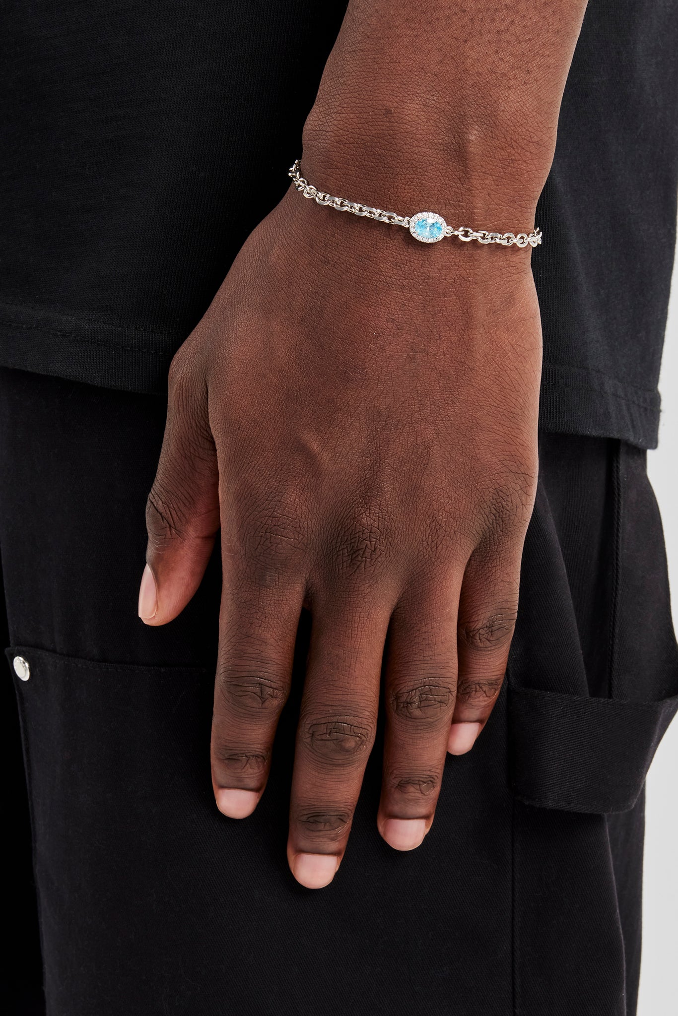 Iced Blue Oval Gemstone Rolo Bracelet - 10mm