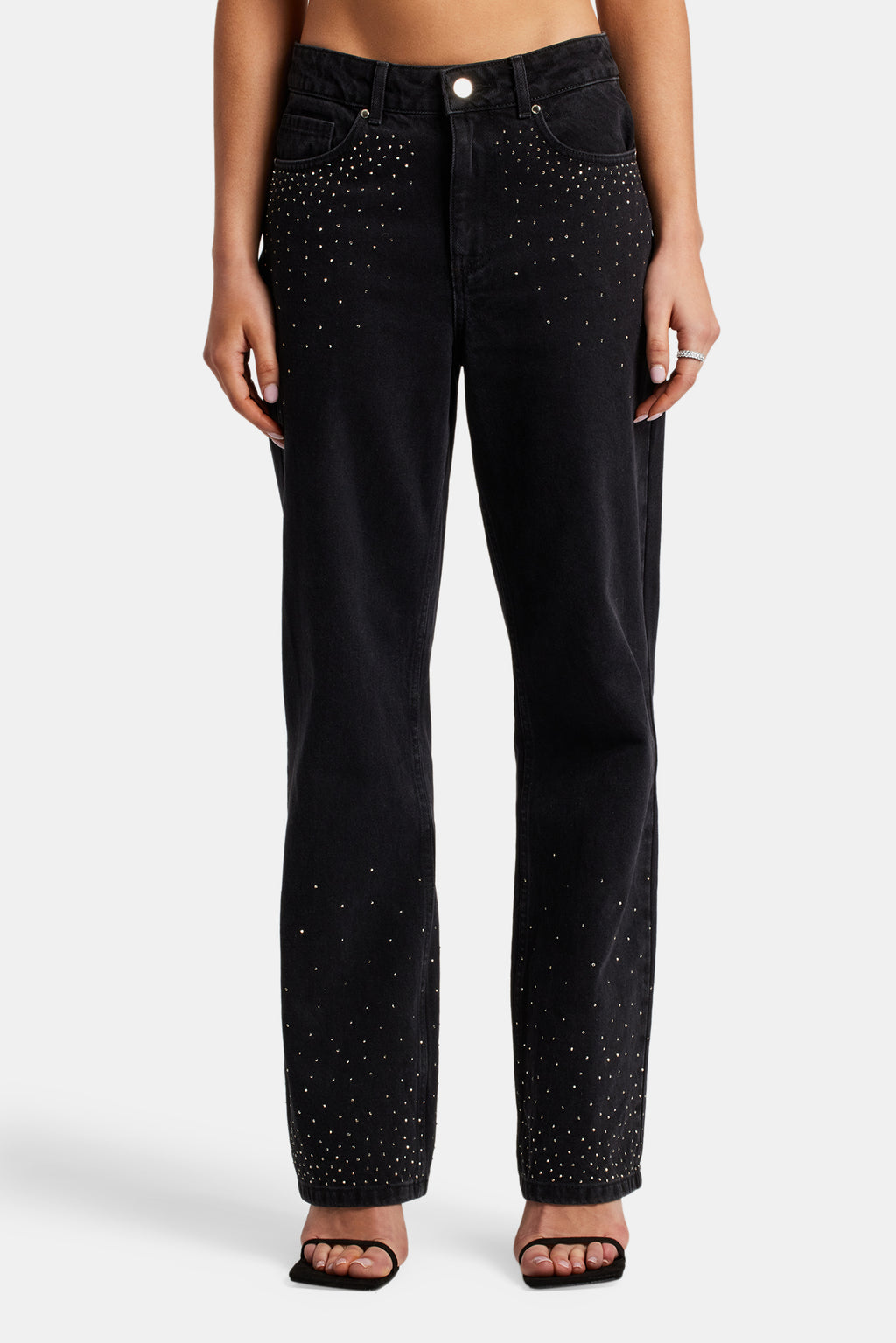 Cascading Rhinestone Pants Ladies Relaxed Mid Rise Rhinestone Jeans - Washed Black | Womens Denim ...