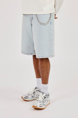 Denim Bermuda Jorts & 10mm Polished Double Layer Cross Motif Jean Chain  - Bleach Wash