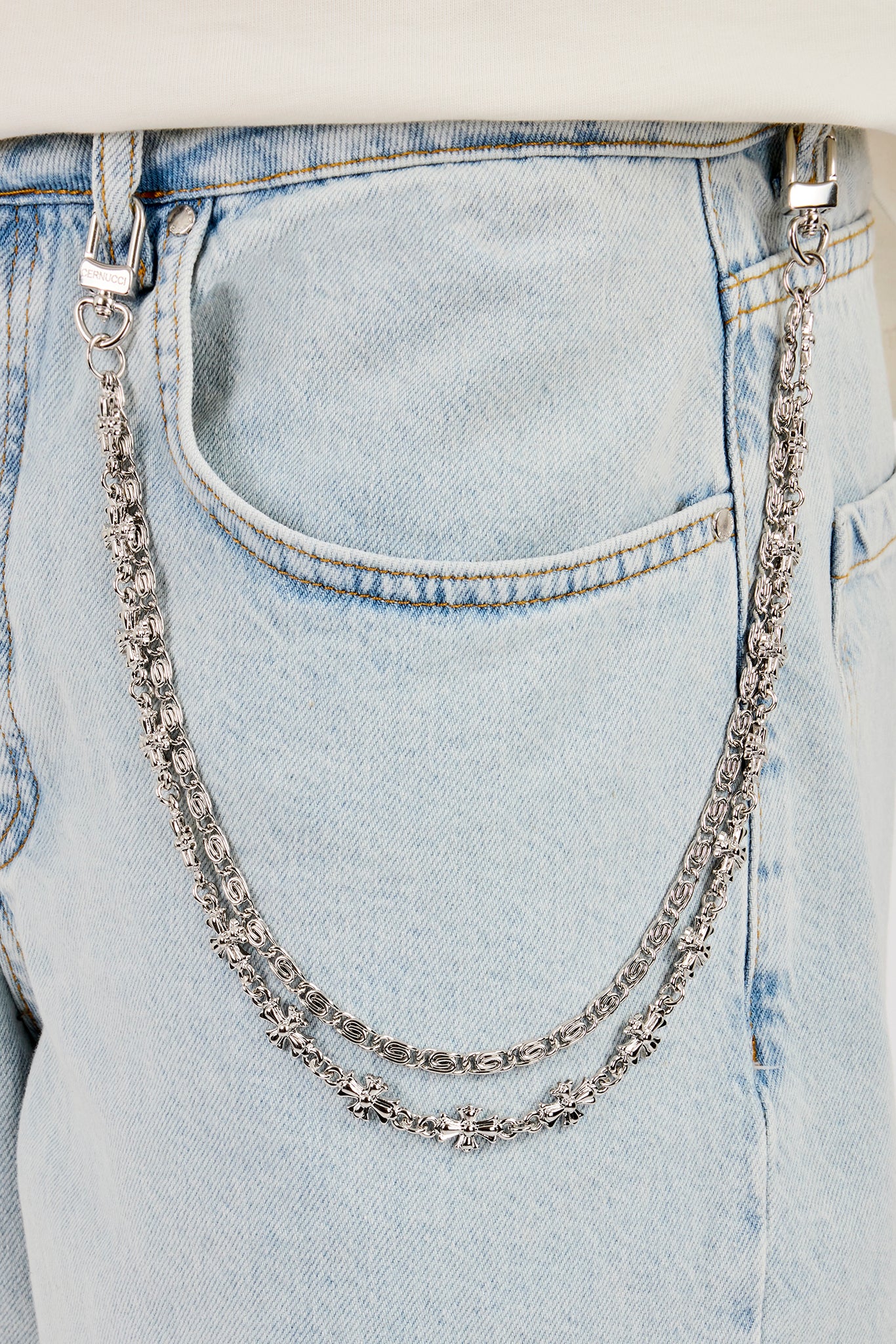 Denim Bermuda Jorts & 10mm Polished Double Layer Cross Motif Jean Chain  - Bleach Wash