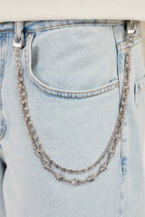 Denim Bermuda Jorts & 10mm Polished Double Layer Cross Motif Jean Chain  - Bleach Wash