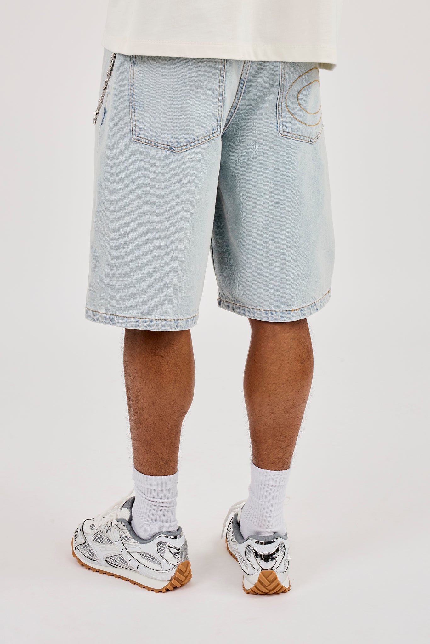 Denim Bermuda Jorts & 10mm Polished Double Layer Cross Motif Jean Chain  - Bleach Wash