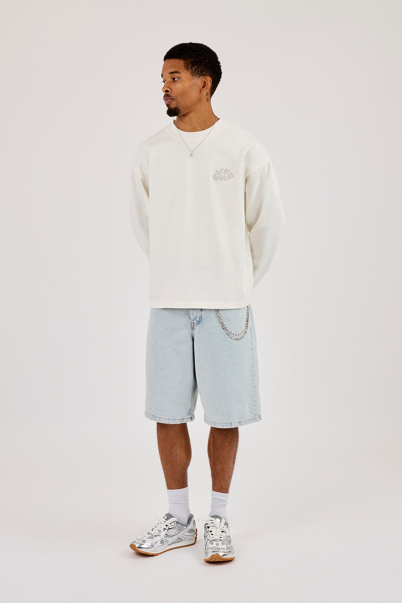 Denim Bermuda Jorts & 10mm Polished Double Layer Cross Motif Jean Chain  - Bleach Wash