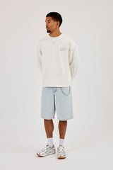 Denim Bermuda Jorts & 10mm Polished Double Layer Cross Motif Jean Chain  - Bleach Wash
