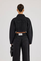 Cropped Curved Hem Denim Jacket - Washed Black