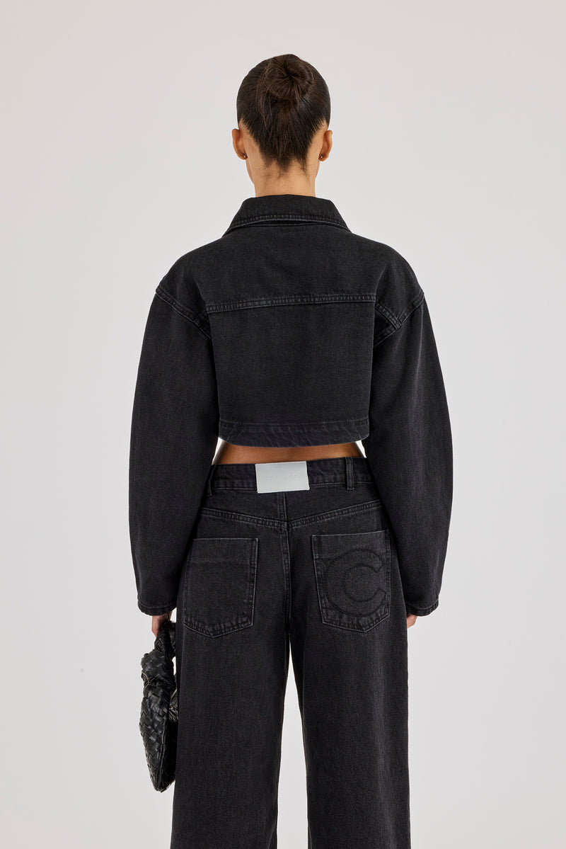 Cropped Curved Hem Denim Jacket & Low Rise Jeans - Washed Black