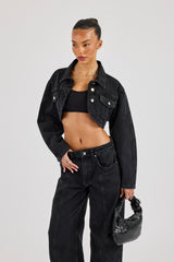 Cropped Curved Hem Denim Jacket - Washed Black