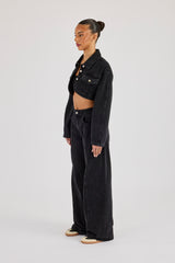 Cropped Curved Hem Denim Jacket & Low Rise Jeans - Washed Black