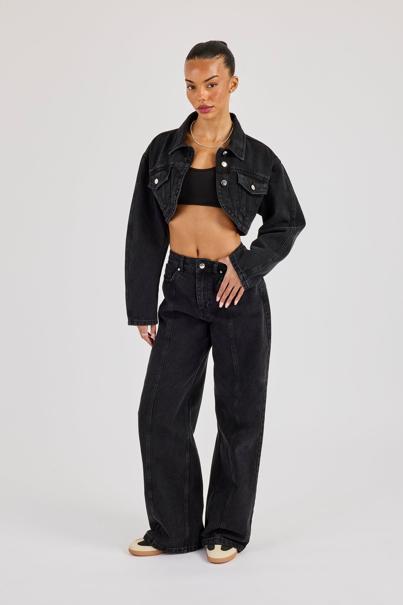 Cropped Curved Hem Denim Jacket & Low Rise Jeans - Washed Black
