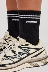 Embroidered Logo Double Stripe Socks - Black