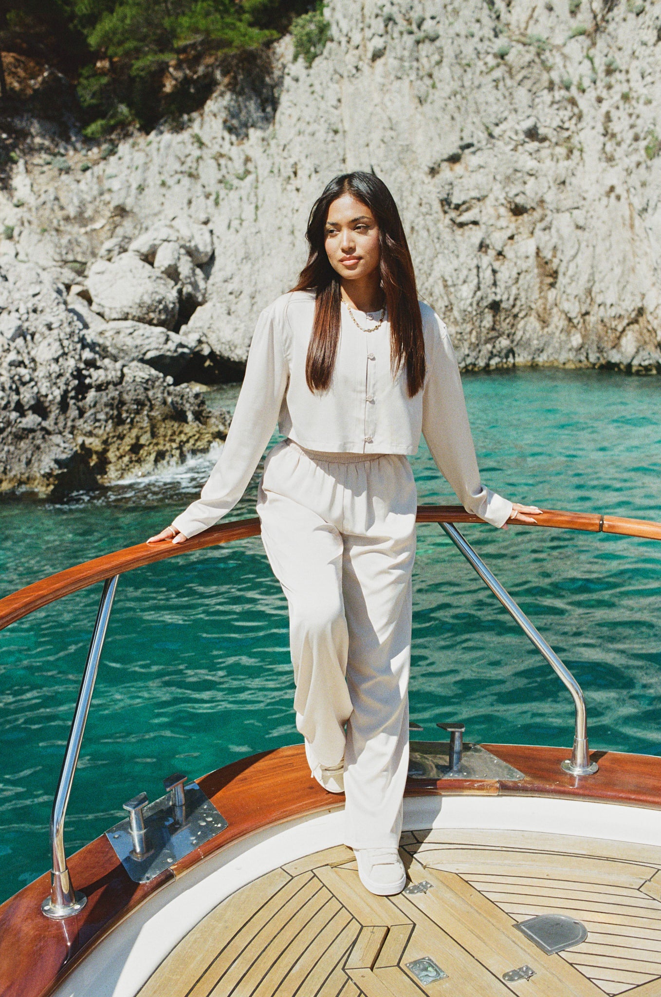 Cropped Satin Button Up Top & Wide Leg Trouser - Beige