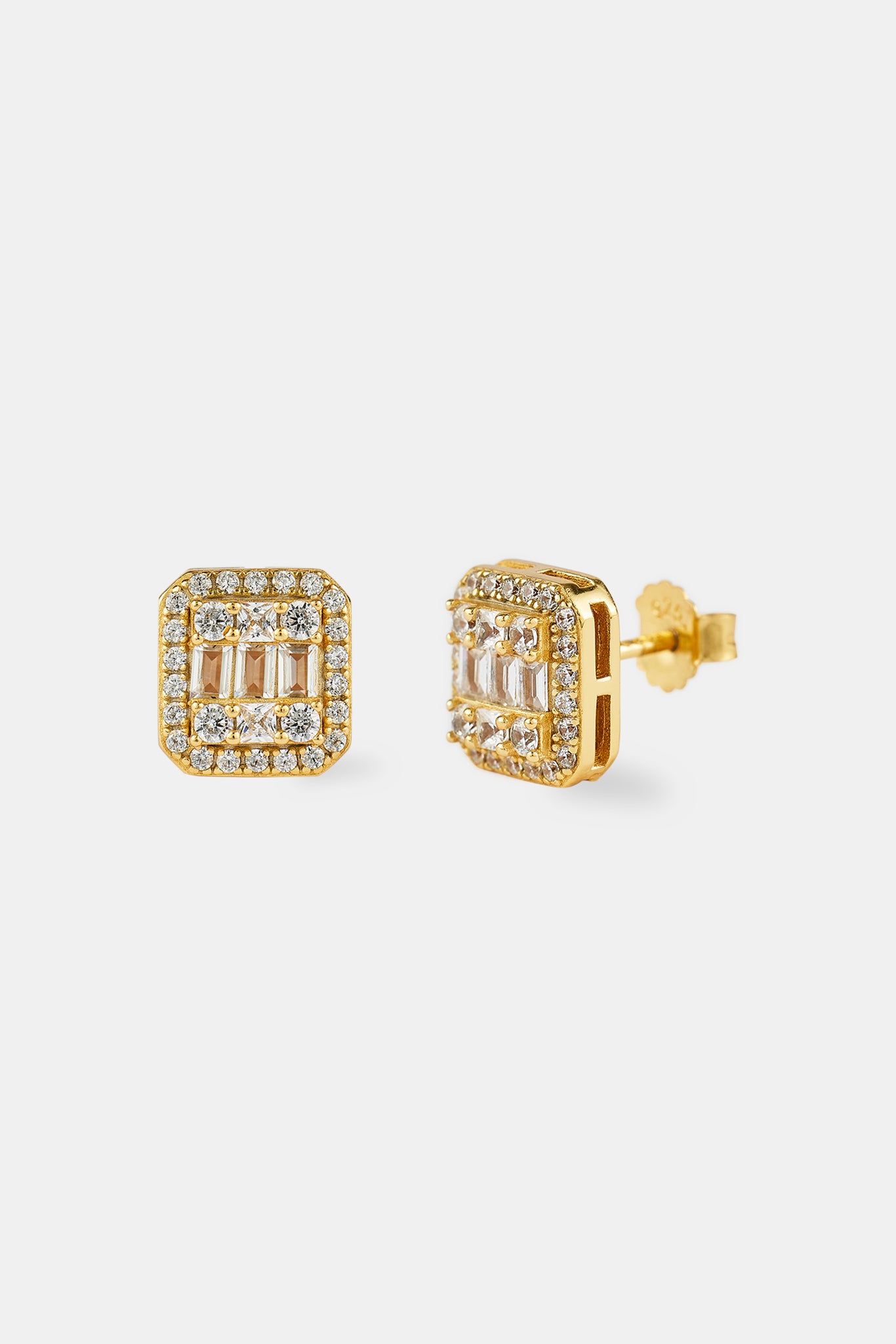 Iced Pave & Baguette Stone Studs - 10mm - Gold