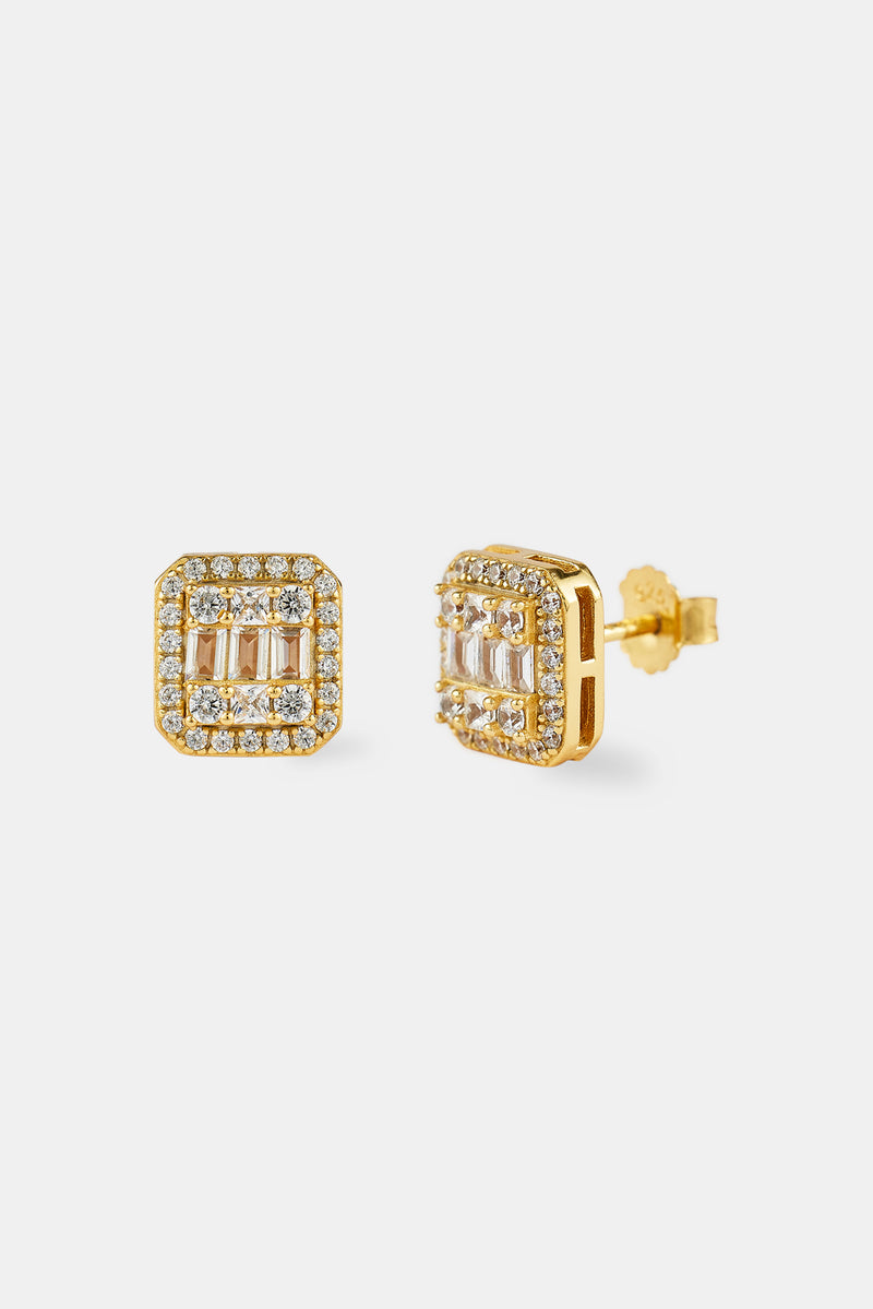Iced Pave & Baguette Stone Studs - 10mm - Gold