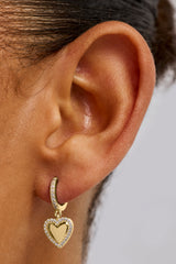 Iced Hoop Heart Drop Earrings - 10mm - Gold