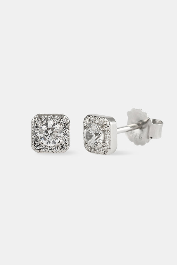 Iced Centre Square Edge Stud Earrings - 6mm - White