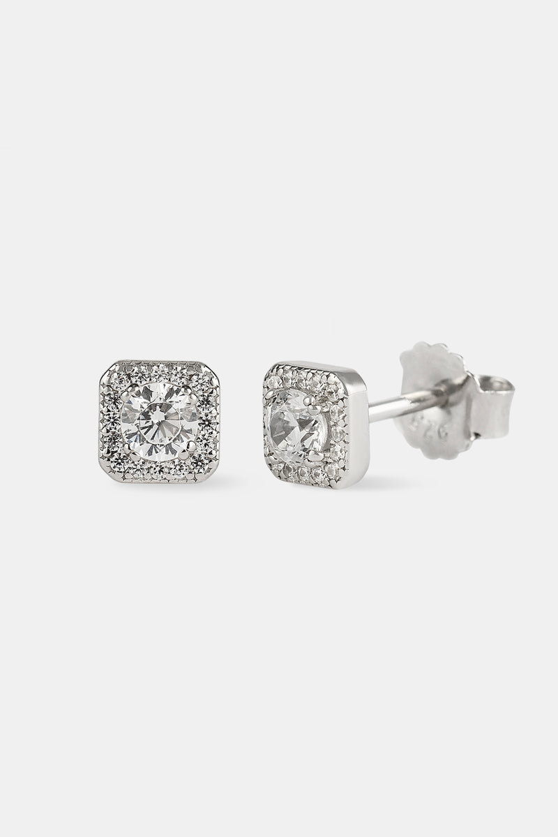 Iced Centre Square Edge Stud Earrings - 6mm - White