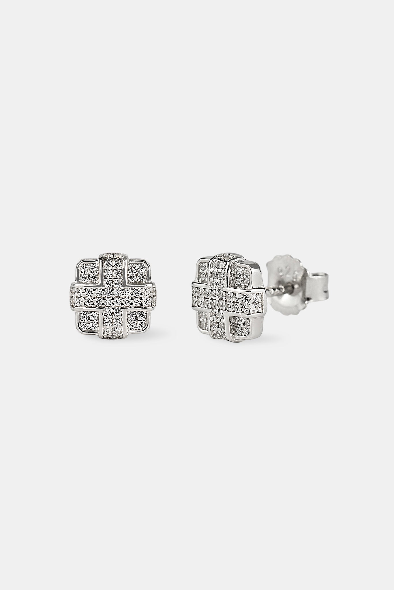 Iced Pave Cross Square Studs - 6mm - White