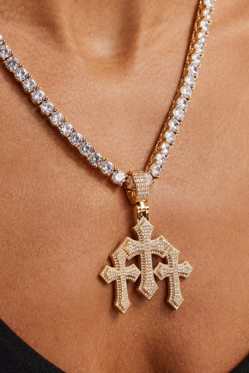 Women's Triple Cross Pendant & 5mm Tennis Chain - Gold