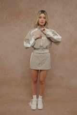Cropped Panelled Nylon Track Jacket - Stone