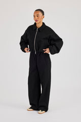 Schwere Jersey-Bomberjacke mit Kragen und Jogginghose mit weitem Bein – Schwarz