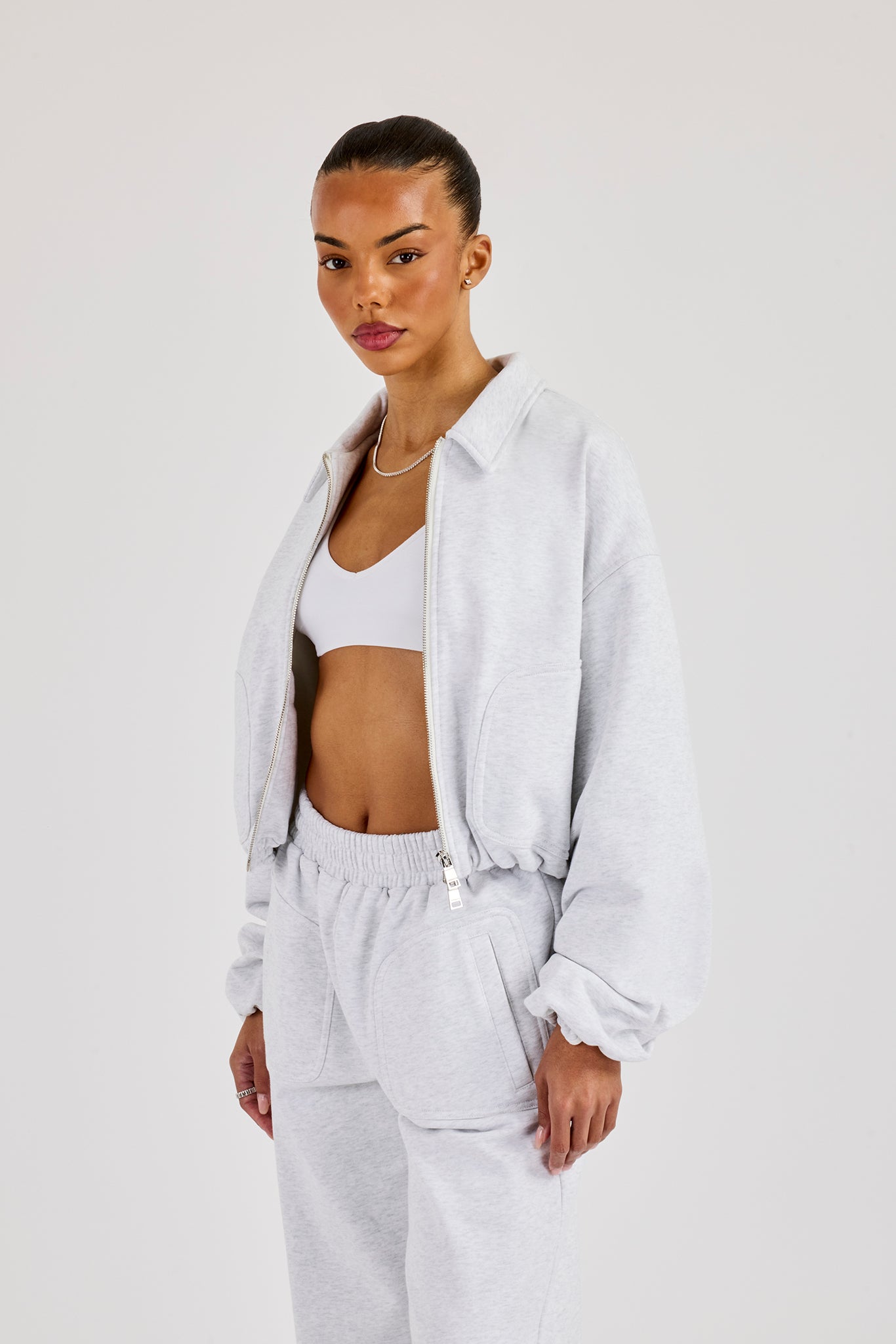 Heavyweight Jersey Collared Bomber Jacket - Grey Marl