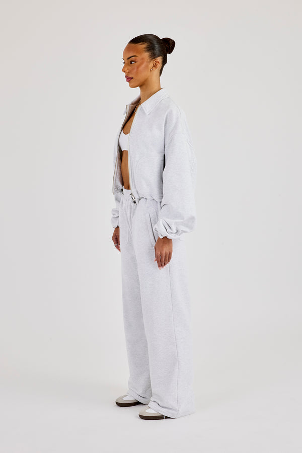 Schwere Jersey-Bomberjacke mit Kragen und Jogginghose mit weitem Bein – Grau meliert