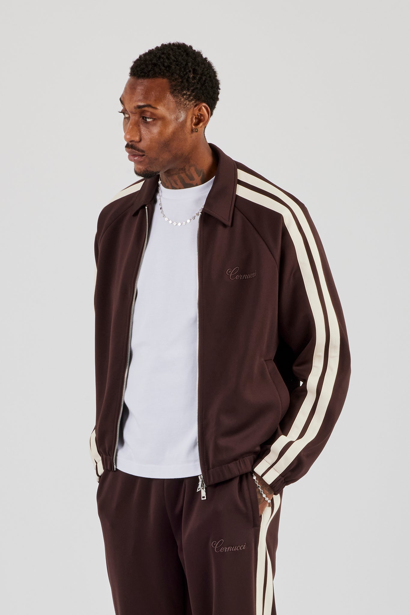 Poly Track Jacket With Side Stripes - Coffee | Mens Outerwear