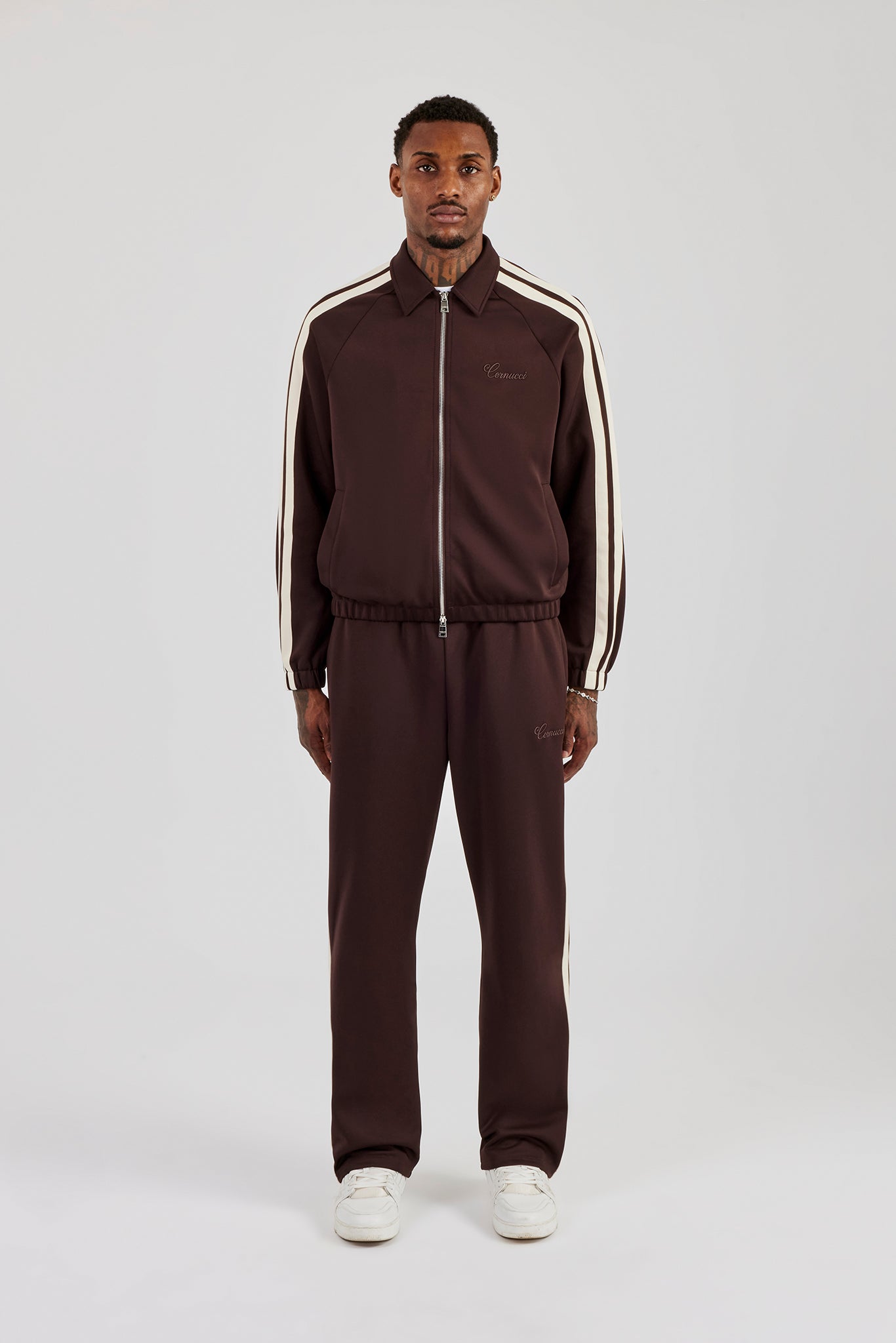 Poly Track Jacket With Side Stripes & Trouser  - Coffee