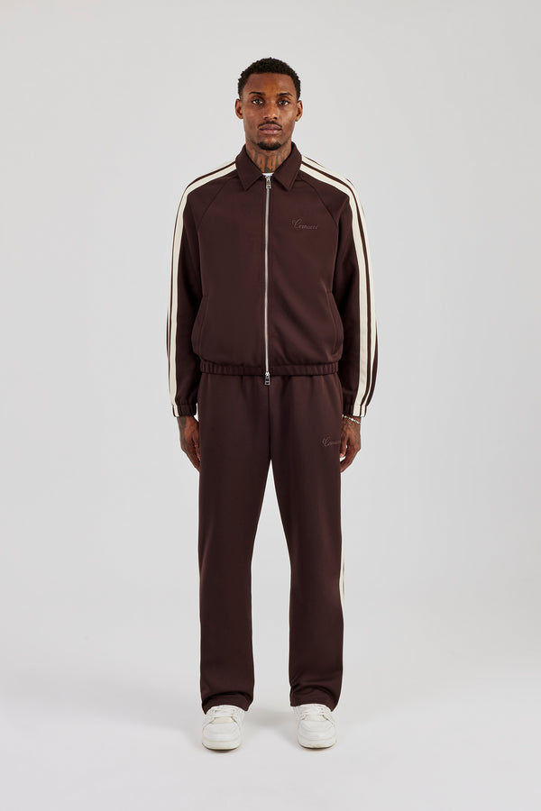Poly Track Jacket With Side Stripes & Trouser  - Coffee