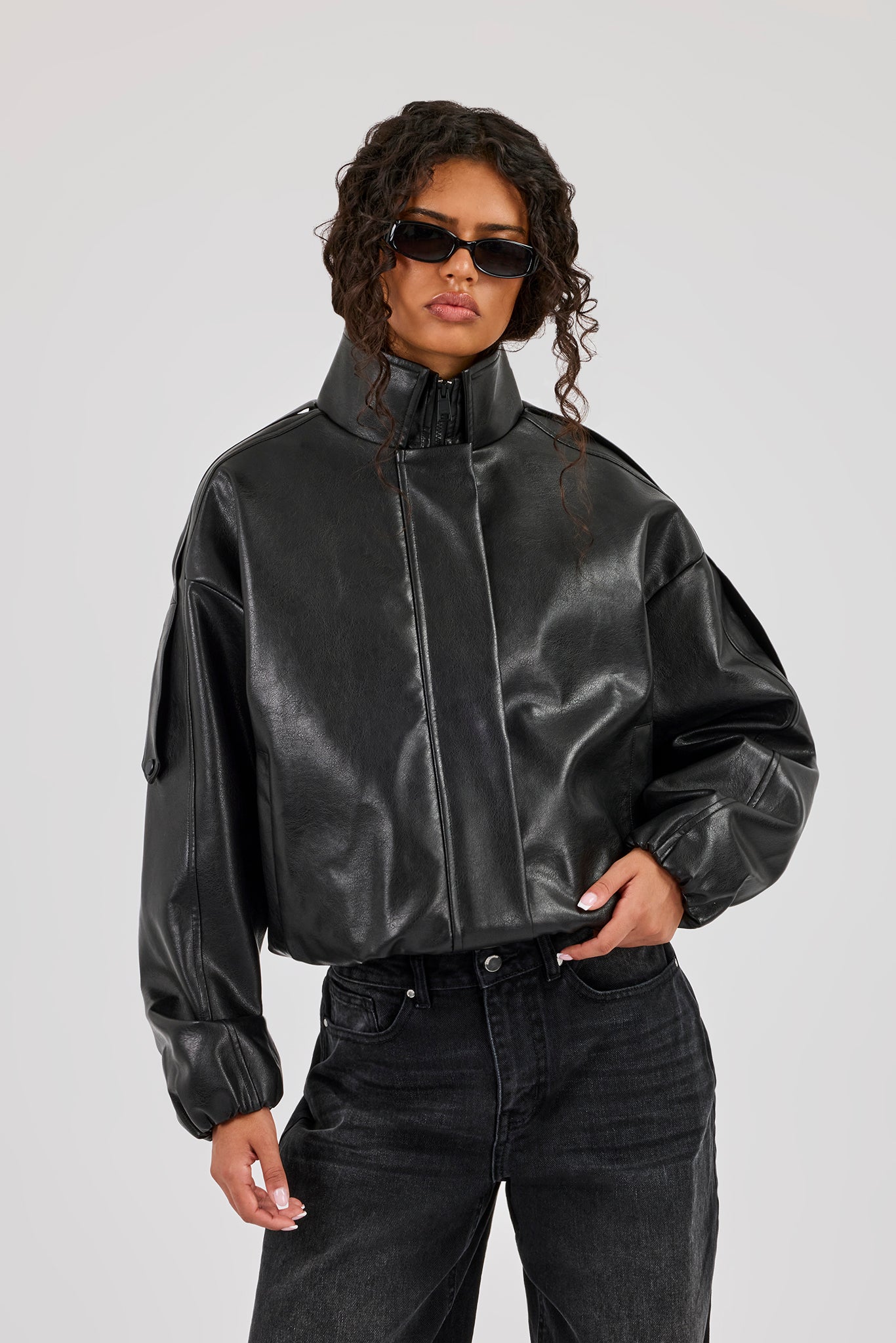 PU Funnel Neck Zip Through Jacket - Black