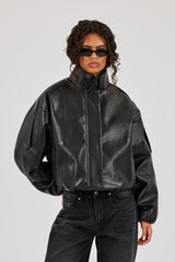 PU Funnel Neck Zip Through Jacket - Black